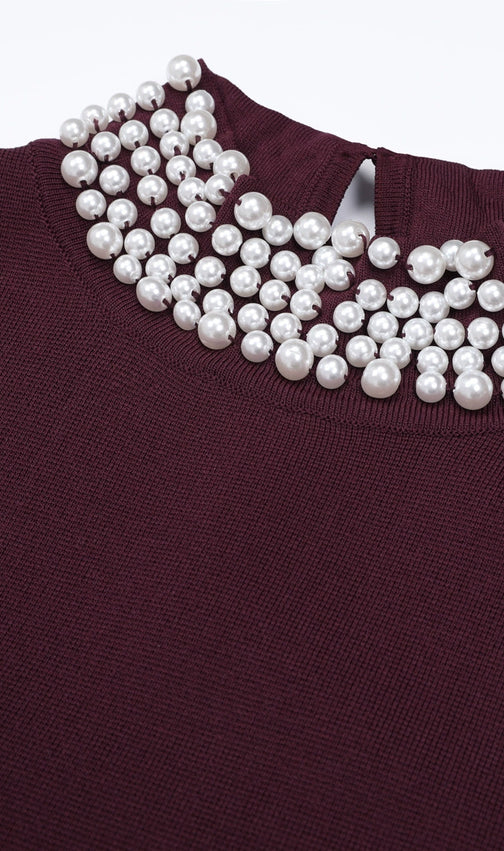 Junko Pearl Choker Sleeveless Knit Maxi Dress with Fringe Hem