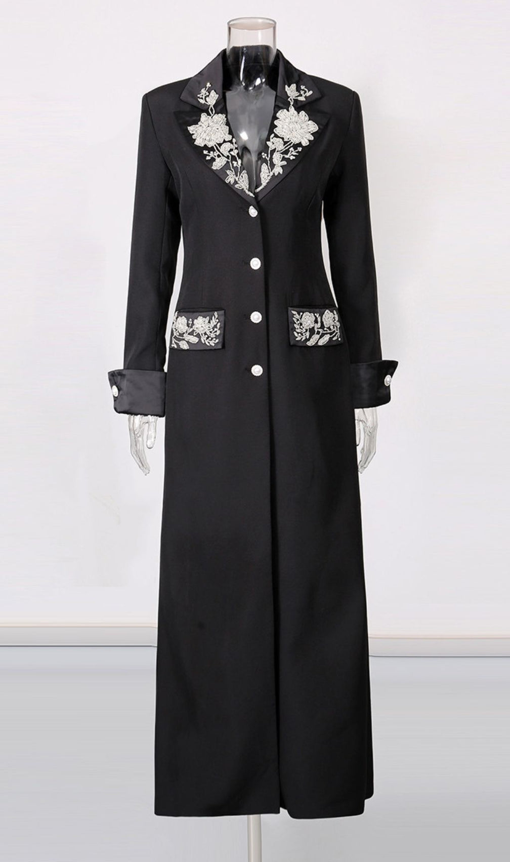 Ilonka Black Floral Beaded Maxi Dress - Elegant Long Sleeve Formal Gown