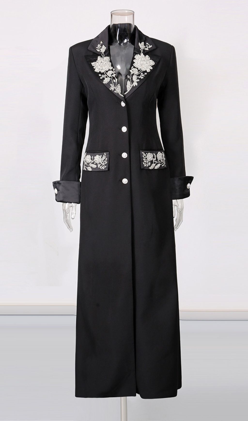 Ilonka Black Floral Beaded Maxi Dress - Elegant Long Sleeve Formal Gown