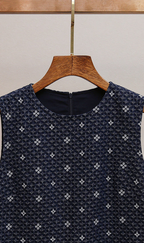 Hasika Navy Geometric Sleeveless Mini Dress | Unique Wavy Pleated Hem