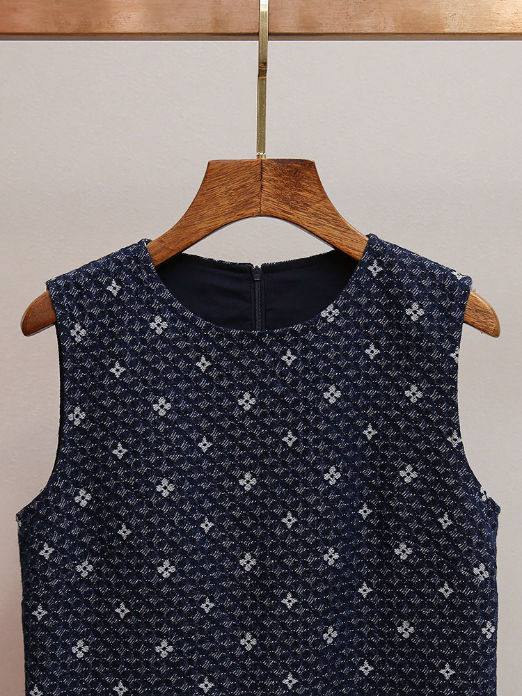 Hasika Navy Geometric Sleeveless Mini Dress | Unique Wavy Pleated Hem
