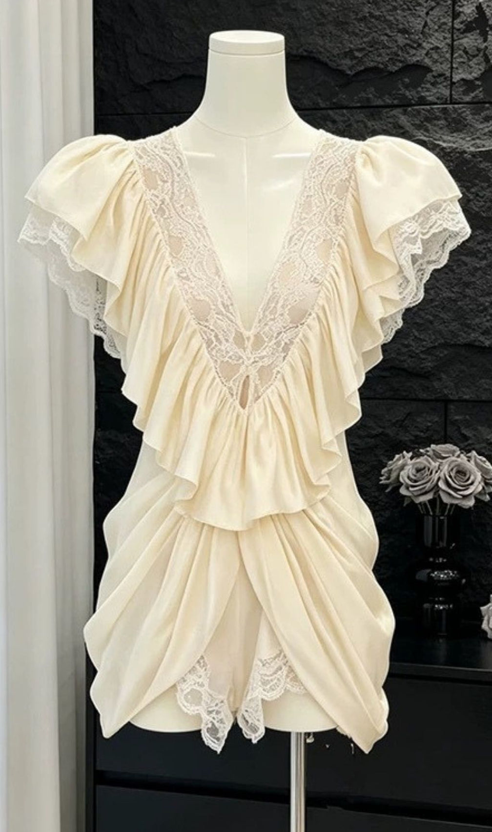 Kineks Romantic Lace Ruffle Mini Dress | Plunging V-Neck & Puff Sleeves