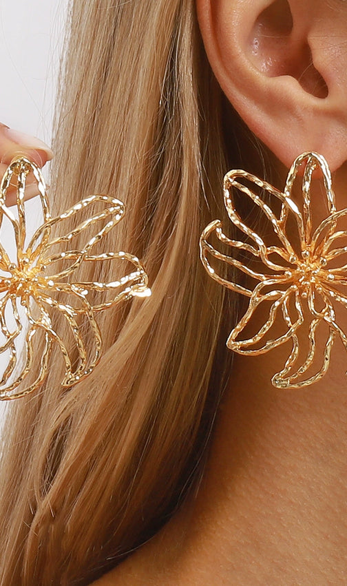 Juji Gold Abstract Floral Statement Earrings | Modern Wire Flower Design