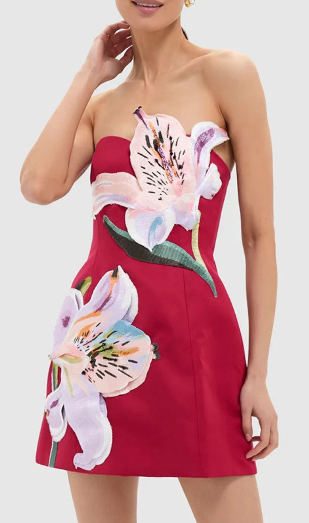 Vibrant Huy Rose Red Strapless Mini Dress | Exquisite 3D Floral Appliqués