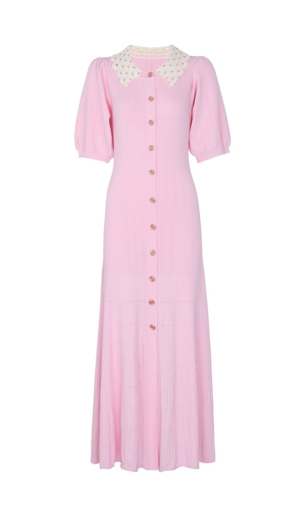 Karolina Pink Crochet Collar Knit Midi Dress - Elegant Button-Front Style