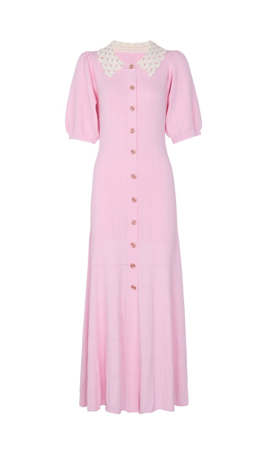 Karolina Pink Crochet Collar Knit Midi Dress - Elegant Button-Front Style