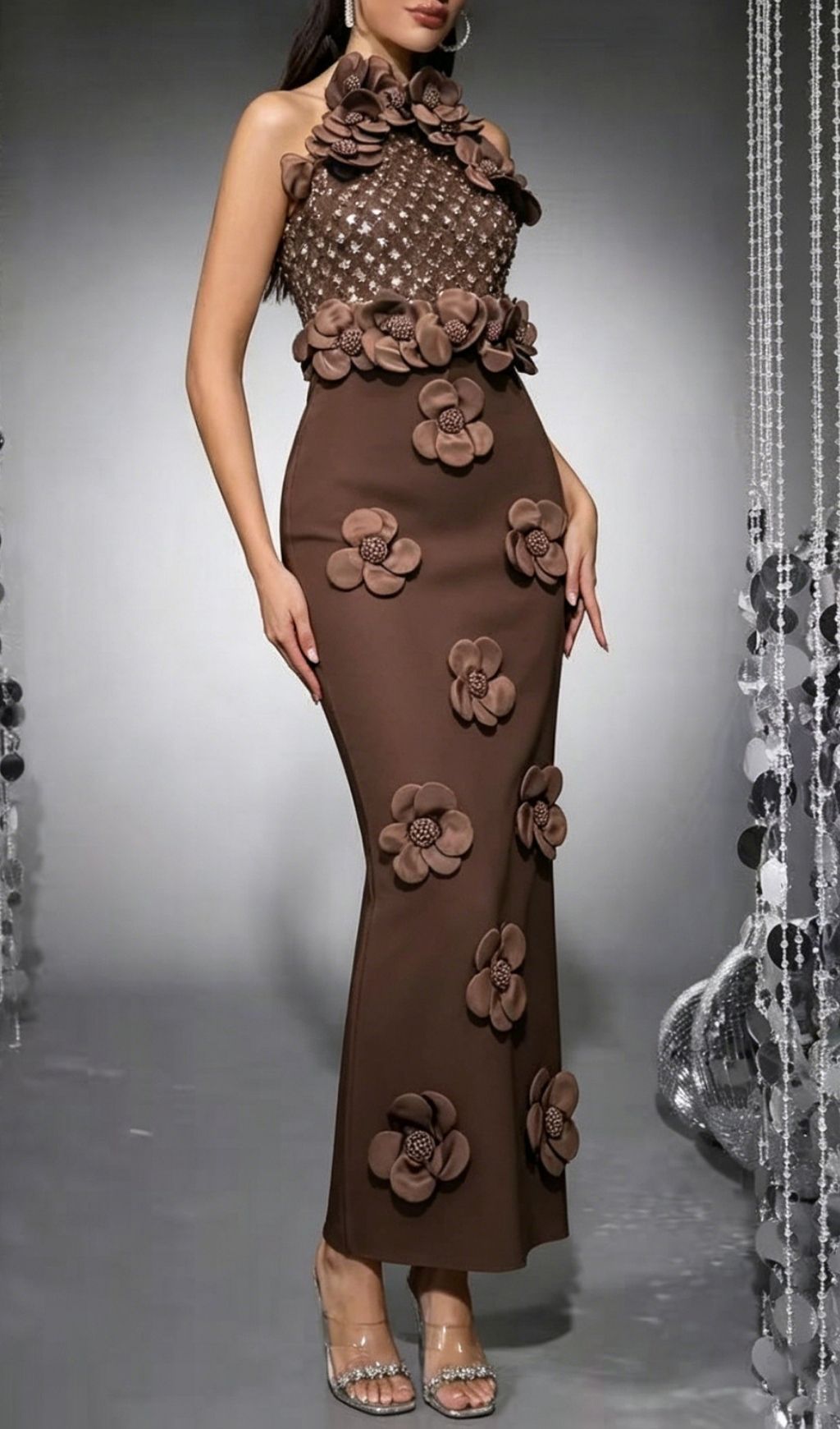Kelsey Luxe Coffee Halter Sequin & 3D Floral Appliqué Bandage Maxi Dress
