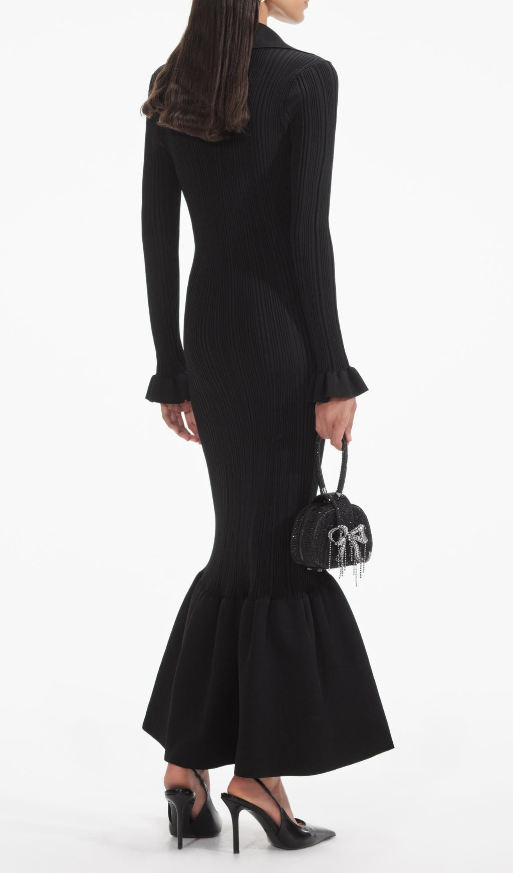 Black Ribbed Knit Fluted Midi Dress