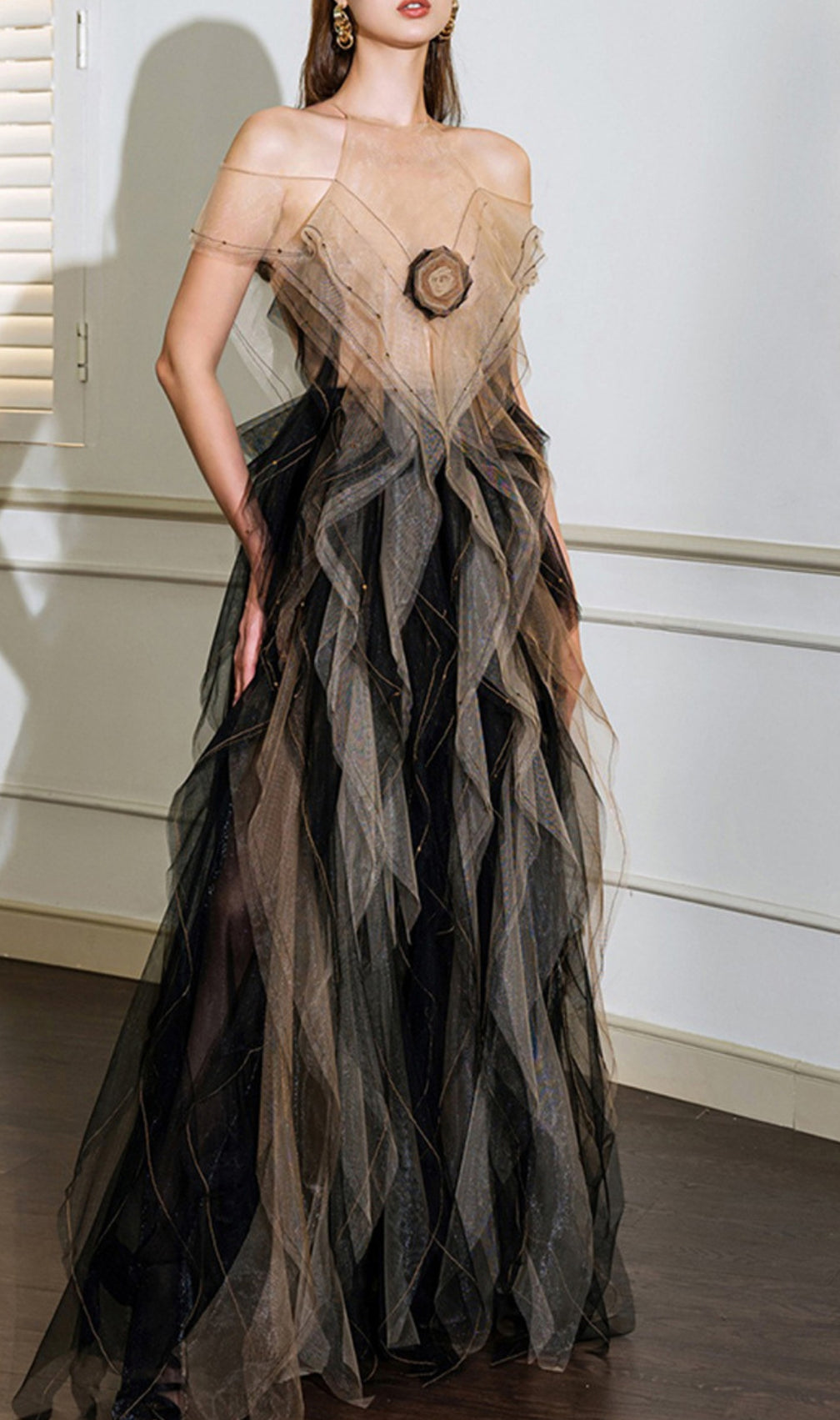 Dinos Mesh Ruffle Maxi Dress