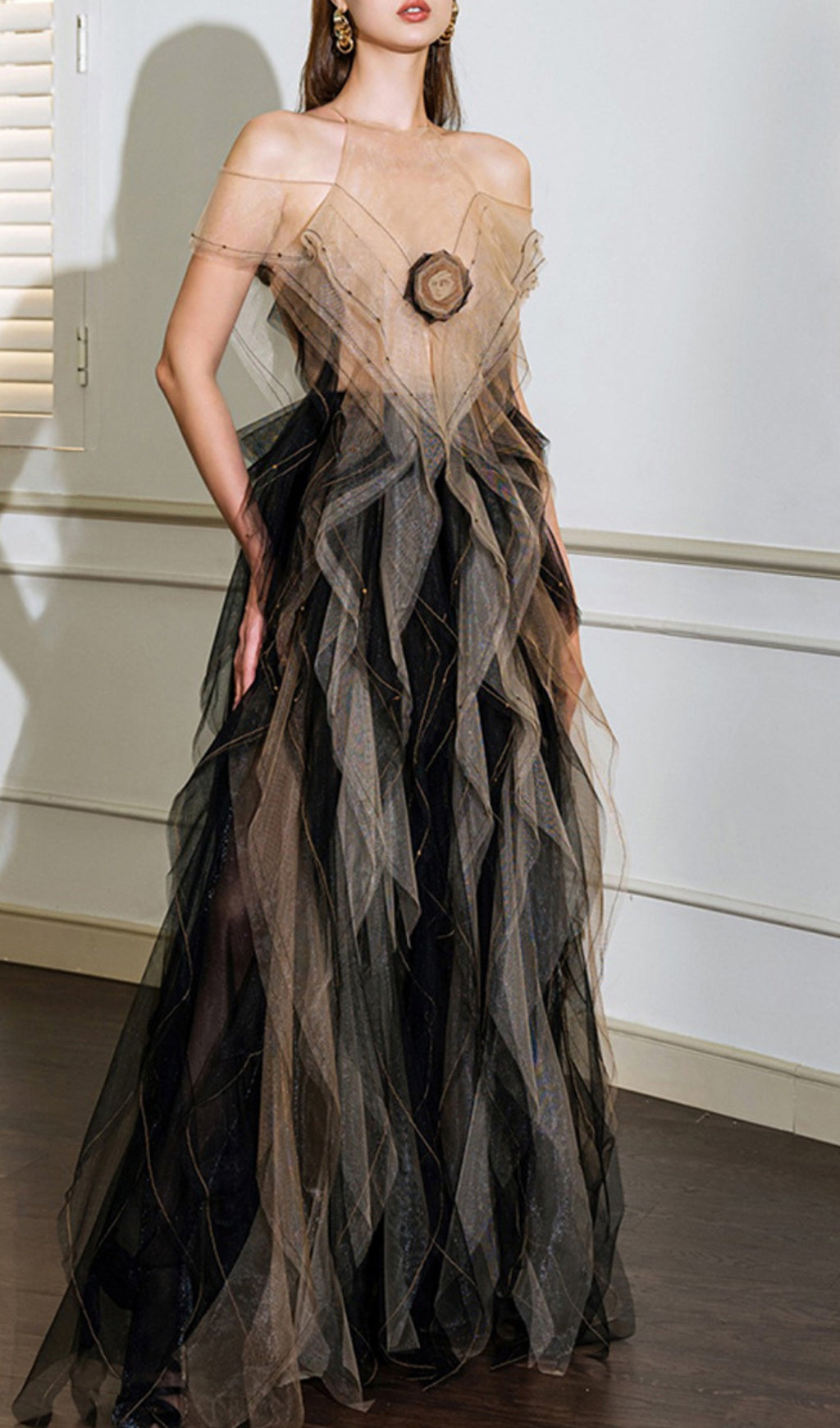 Dinos Mesh Ruffle Maxi Dress