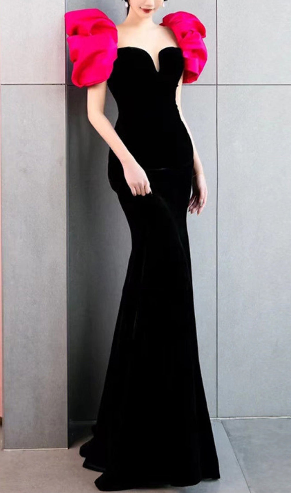 Red Puff Sleeve Black Maxi Dress