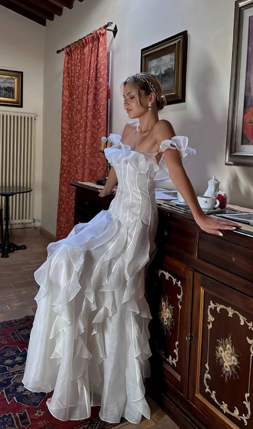 Angosto Ethereal Off-Shoulder Ruffle Maxi Dress - White
