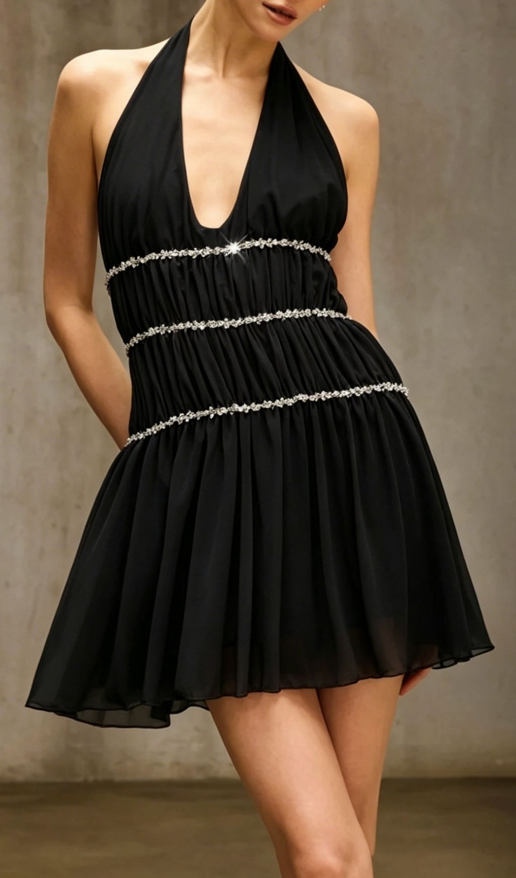 Doutzen Dazzling Black Halterneck Rhinestone Mini Dress