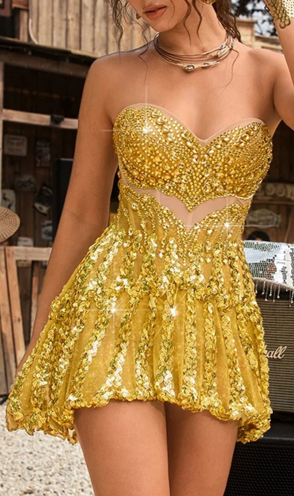Evarian Dazzling Gold Sequin & Crystal Strapless Corset Mini Dress