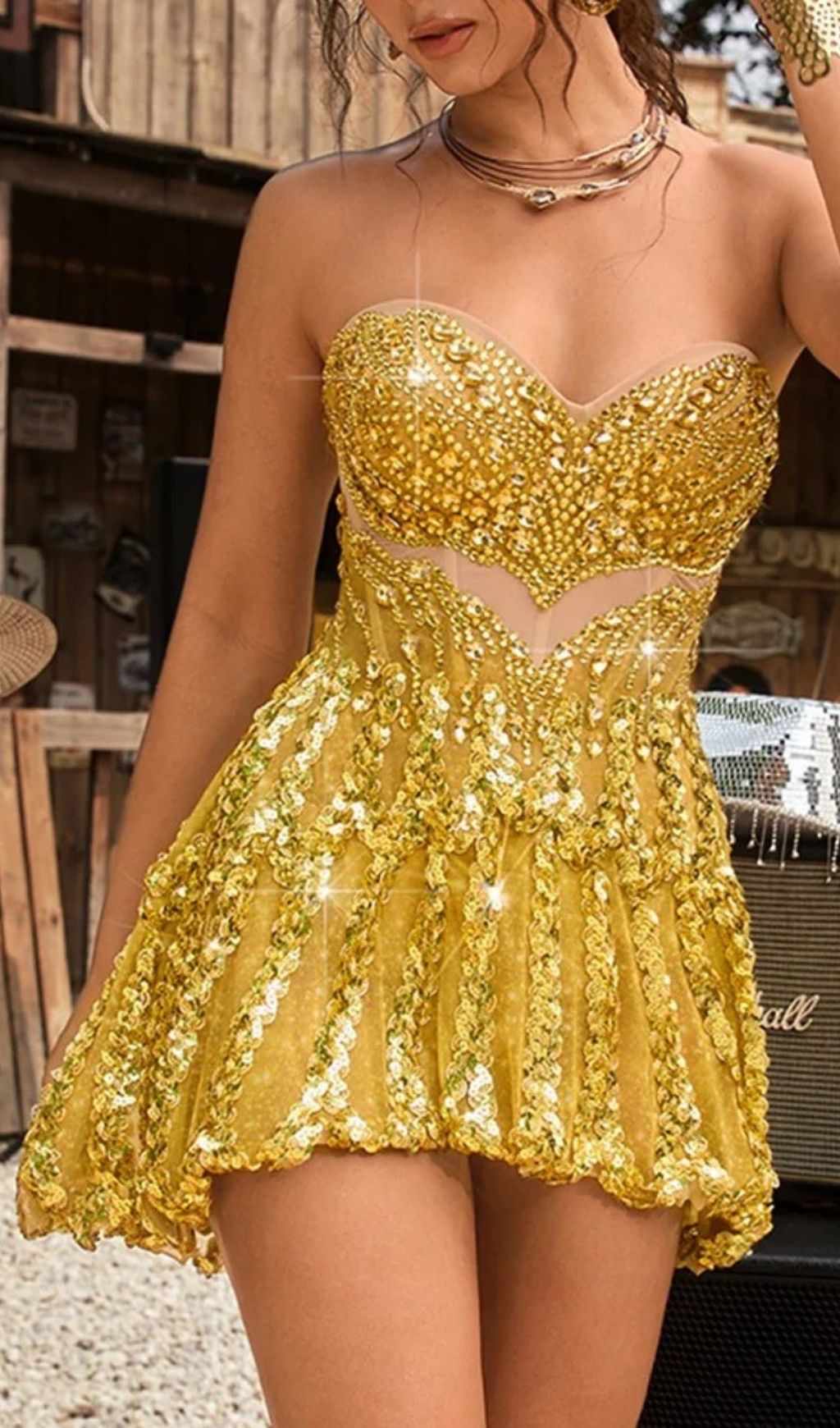 Evarian Dazzling Gold Sequin & Crystal Strapless Corset Mini Dress