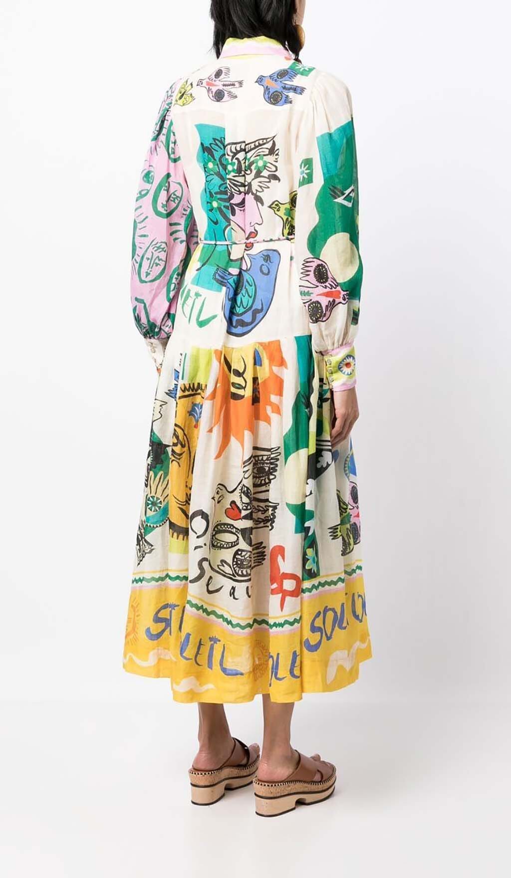 Lantern Sleeve Print Midi Dress