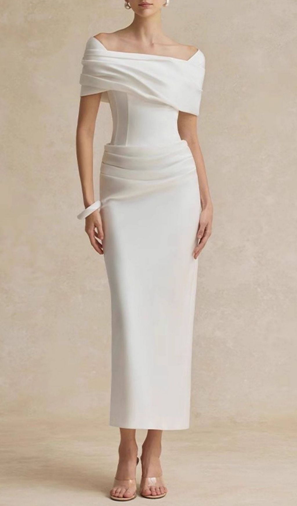 Kamar Elegant White Off-Shoulder Draped Midi Dress - Bridal & Special Occasion