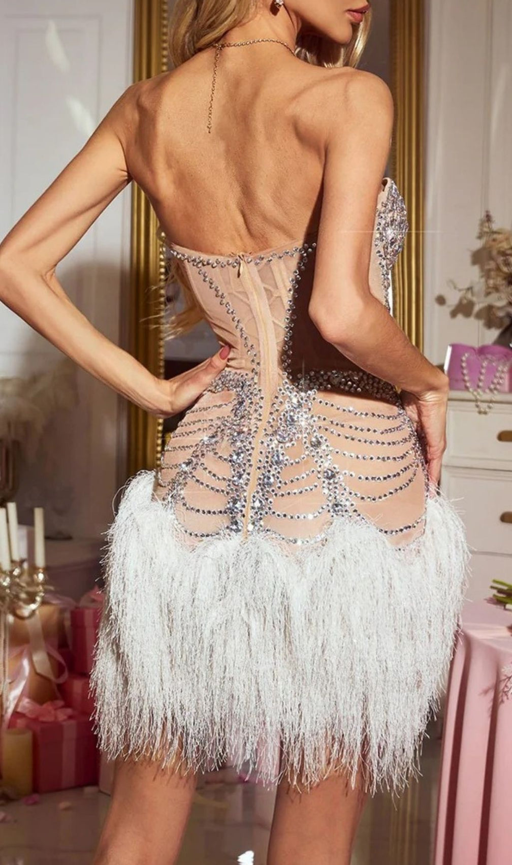 Calyxra Dazzling Rhinestone & Feather Strapless Party Mini Dress