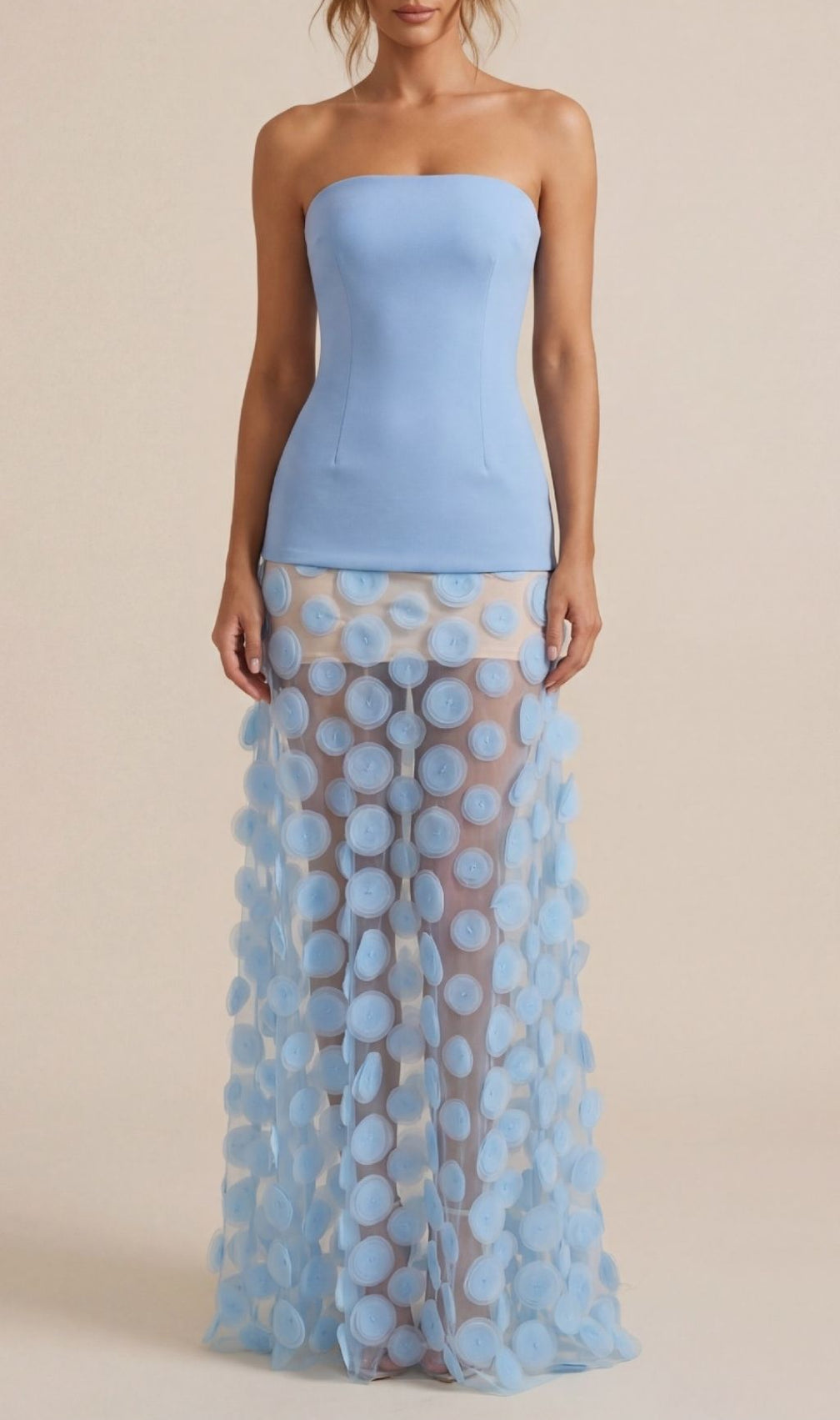Keala Dream Blue Strapless Maxi Dress | Ethereal Mesh Applique Gown