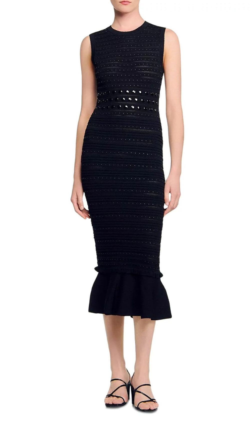 Chic Studded Knit Midi Dress | Black Sleeveless Flounce Hem