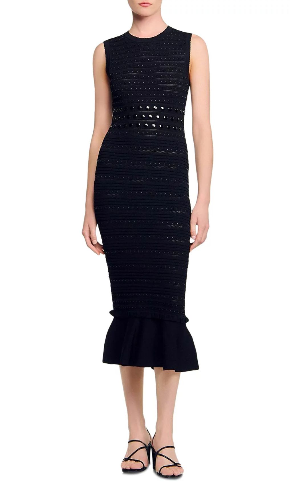 Chic Studded Knit Midi Dress | Black Sleeveless Flounce Hem