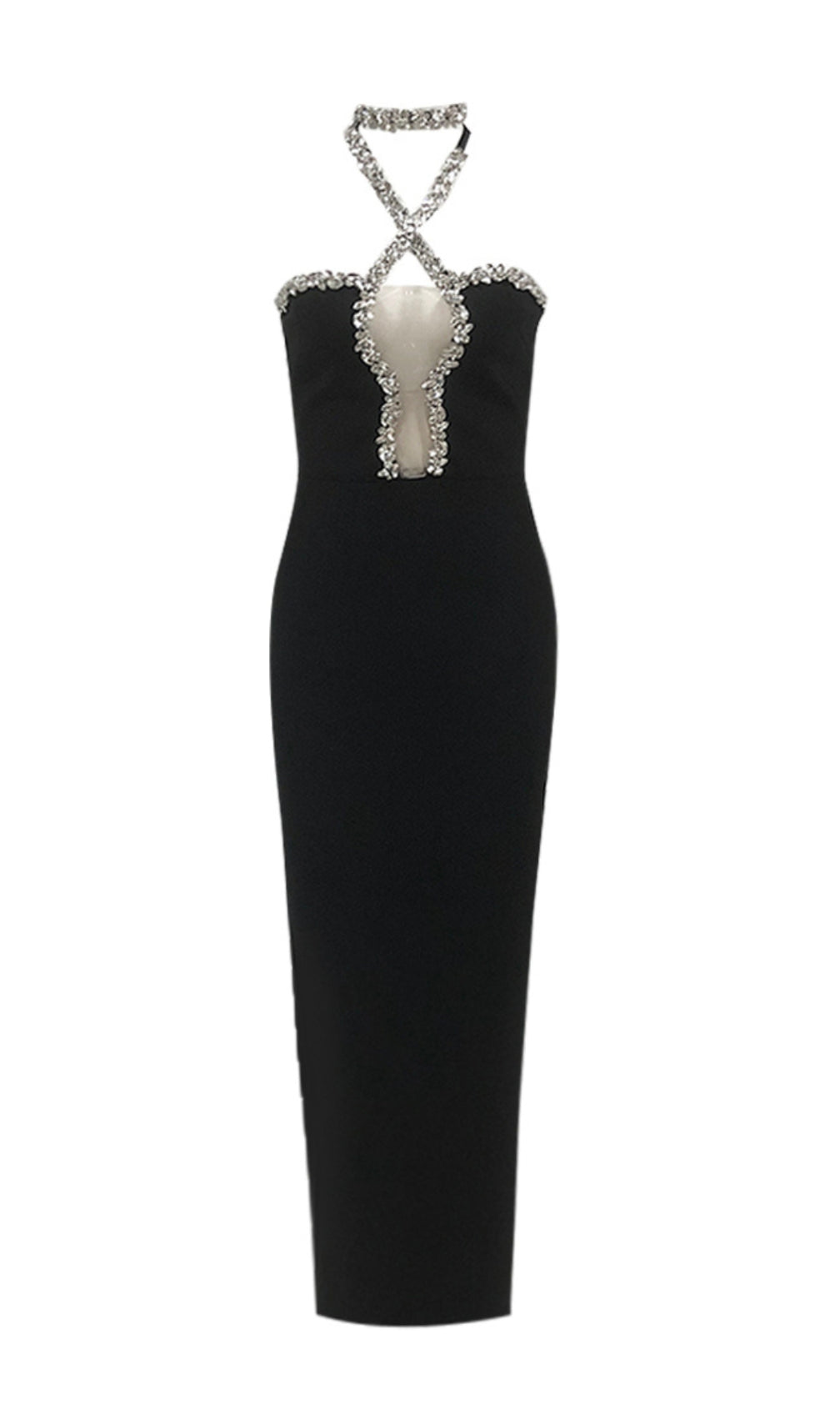 Bellini Black Halter Crystal Maxi Dress