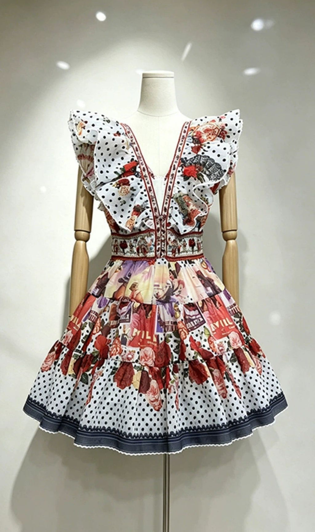 Kirti Bohemian Ruffle V-Neck Mini Dress - Mixed Print Polka Dot & Floral