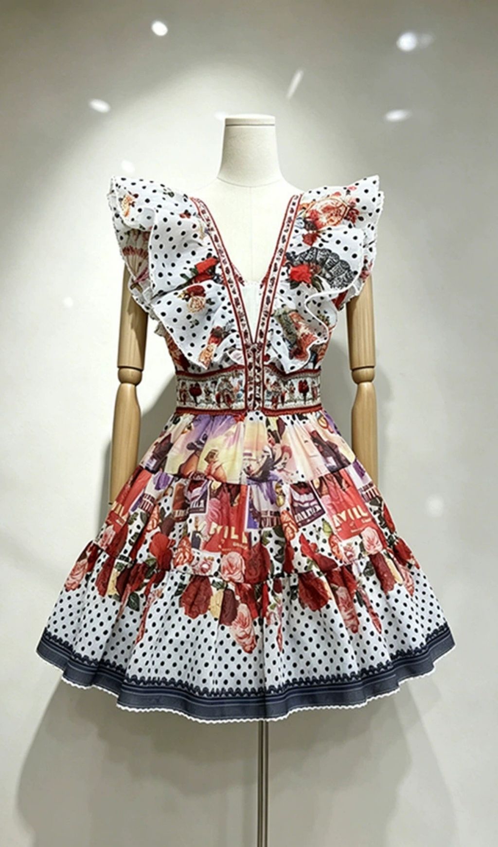 Kirti Bohemian Ruffle V-Neck Mini Dress - Mixed Print Polka Dot & Floral