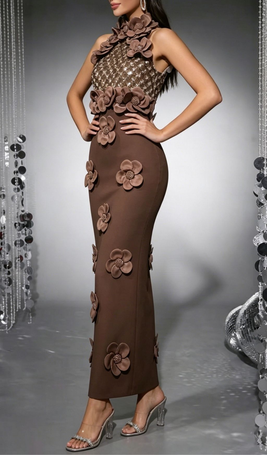 Kelsey Luxe Coffee Halter Sequin & 3D Floral Appliqué Bandage Maxi Dress