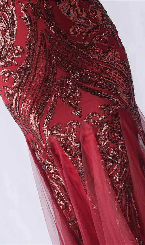 Choire Red Sequin Feather Maxi Dress