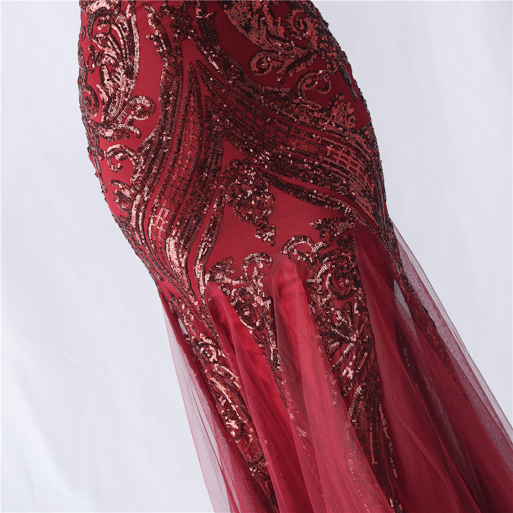 Choire Red Sequin Feather Maxi Dress