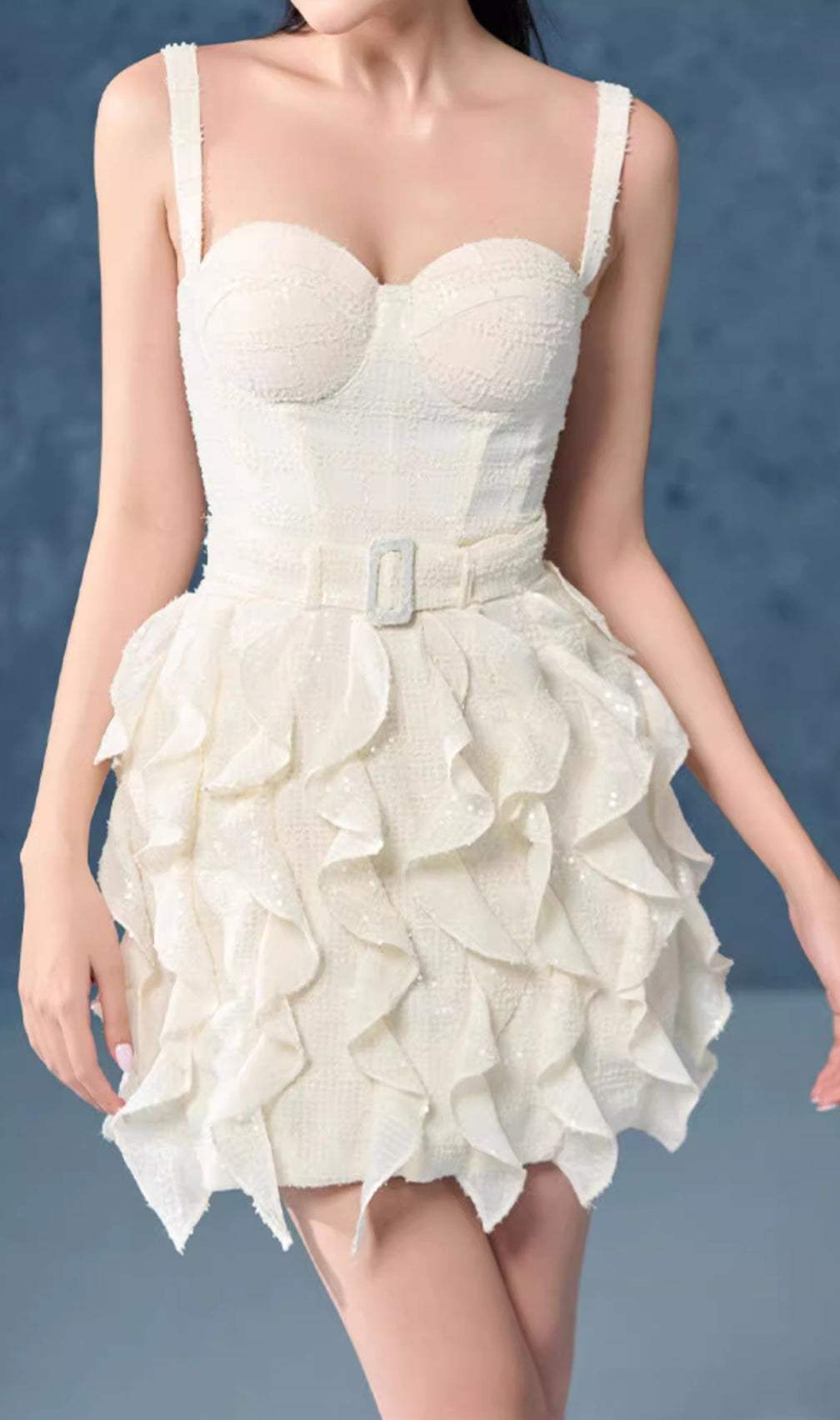 Elena White Strappy Sequin Ruffle Mini Dress