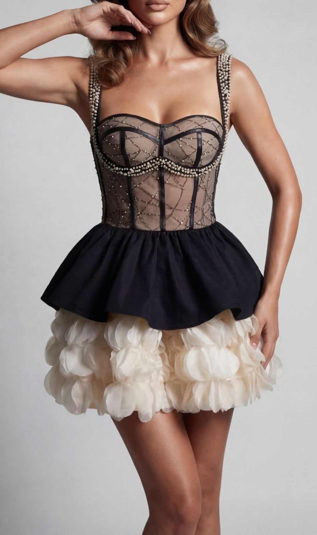 Keagan Glamorous Pearl & Petal Embellished Mini Dress