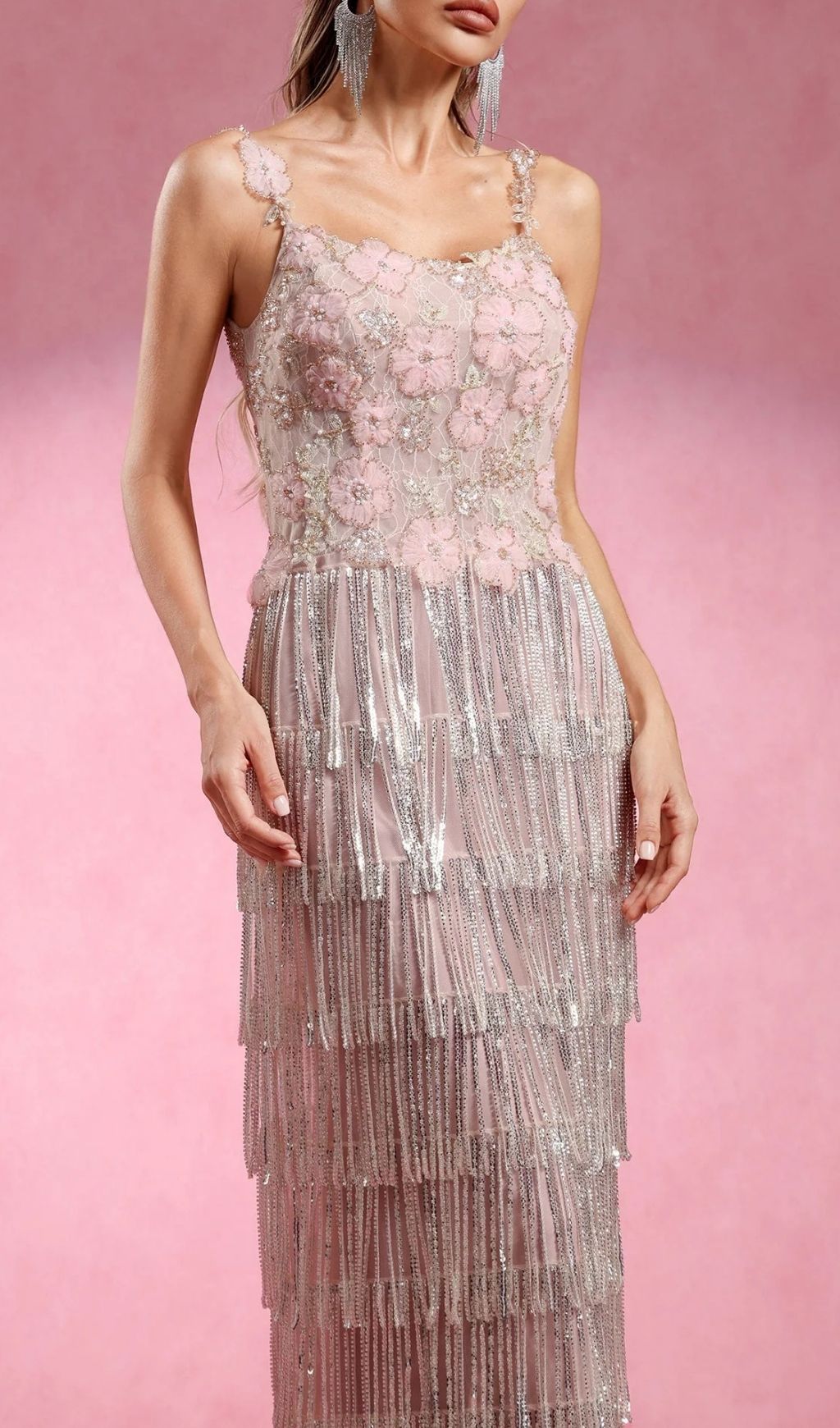 Katrice Floral & Sequin Fringe Maxi Dress - Strappy Boho Glam Gown