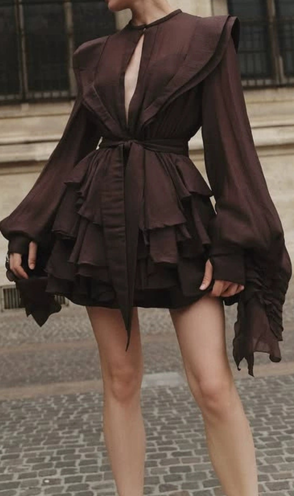 Fleur Brown Long Sleeve Ruffle Mini Dress