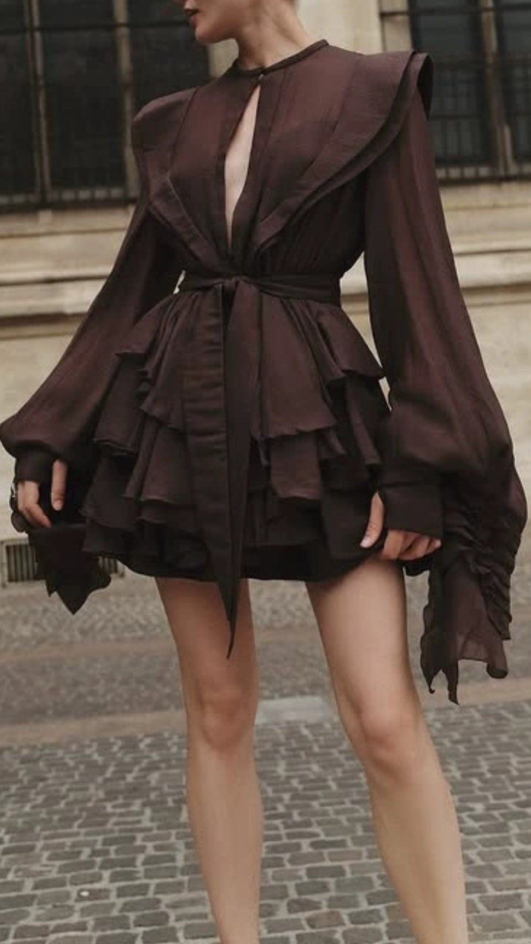 Fleur Brown Long Sleeve Ruffle Mini Dress