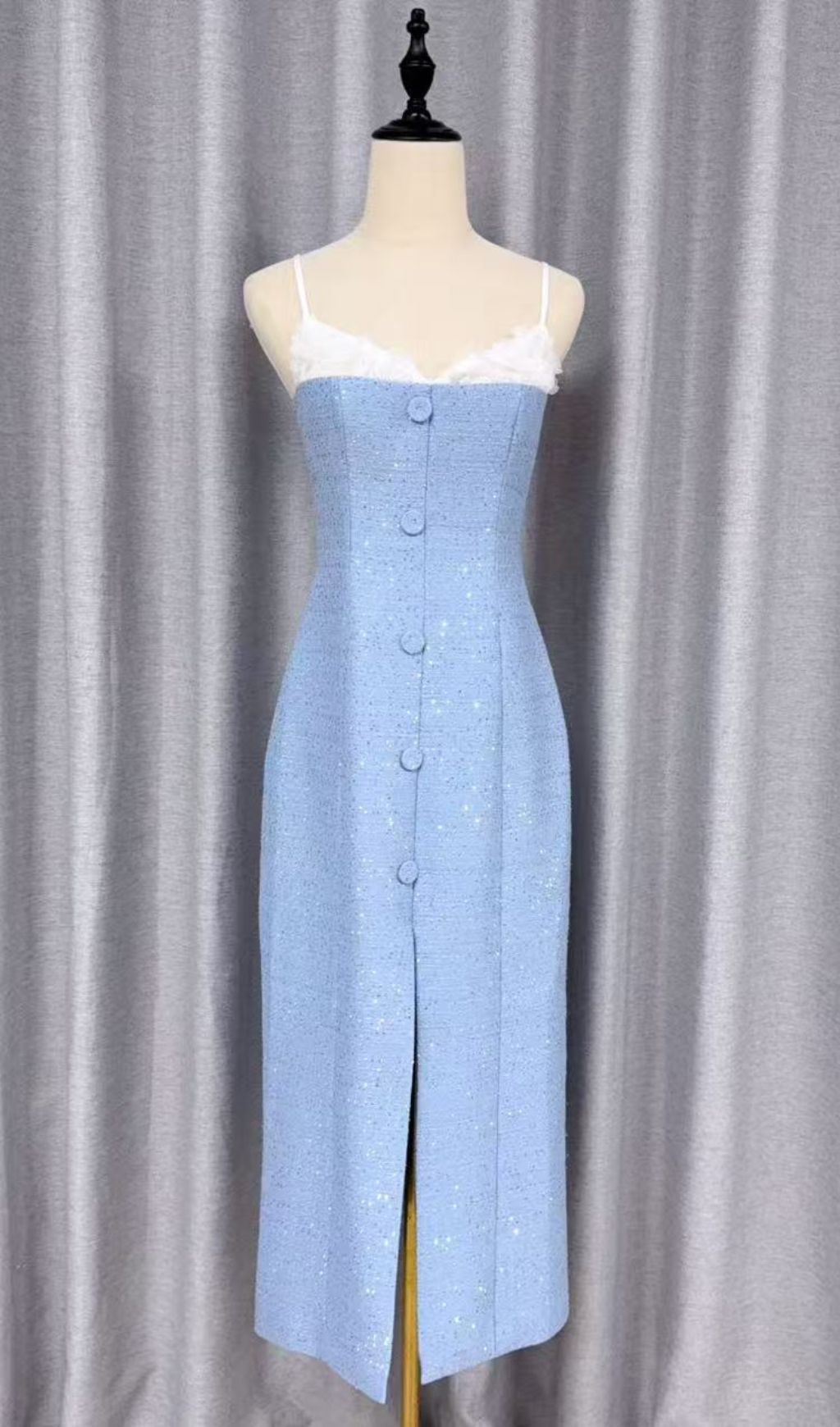 Juana Blue Floral Tweed Strappy Slit Midi Dress - Elegant Wedding Guest & Cocktail Attire