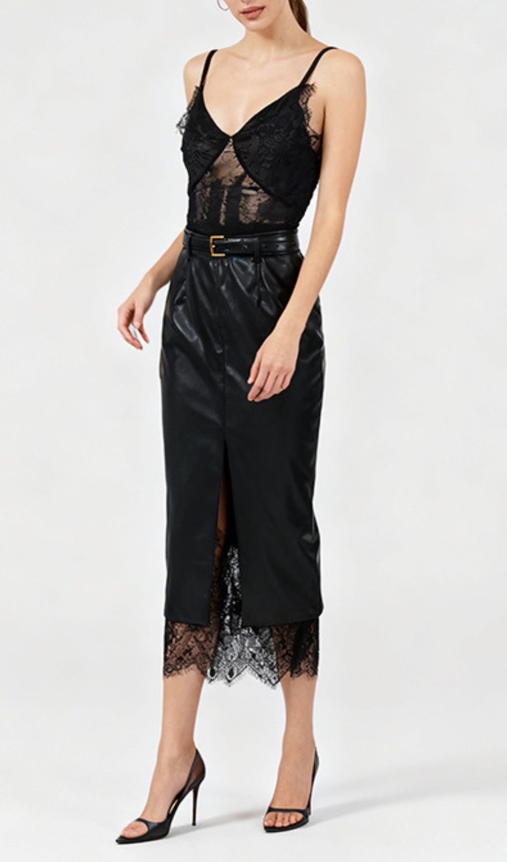 Ilta Black Lace & Vegan Leather Midi Dress | Chic Layered Look