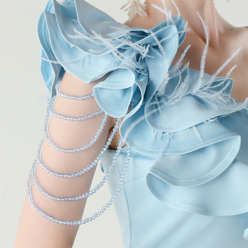 Ijlal Sky Blue One-Shoulder Ruffle Maxi Gown with Slit - Formal Evening Dress