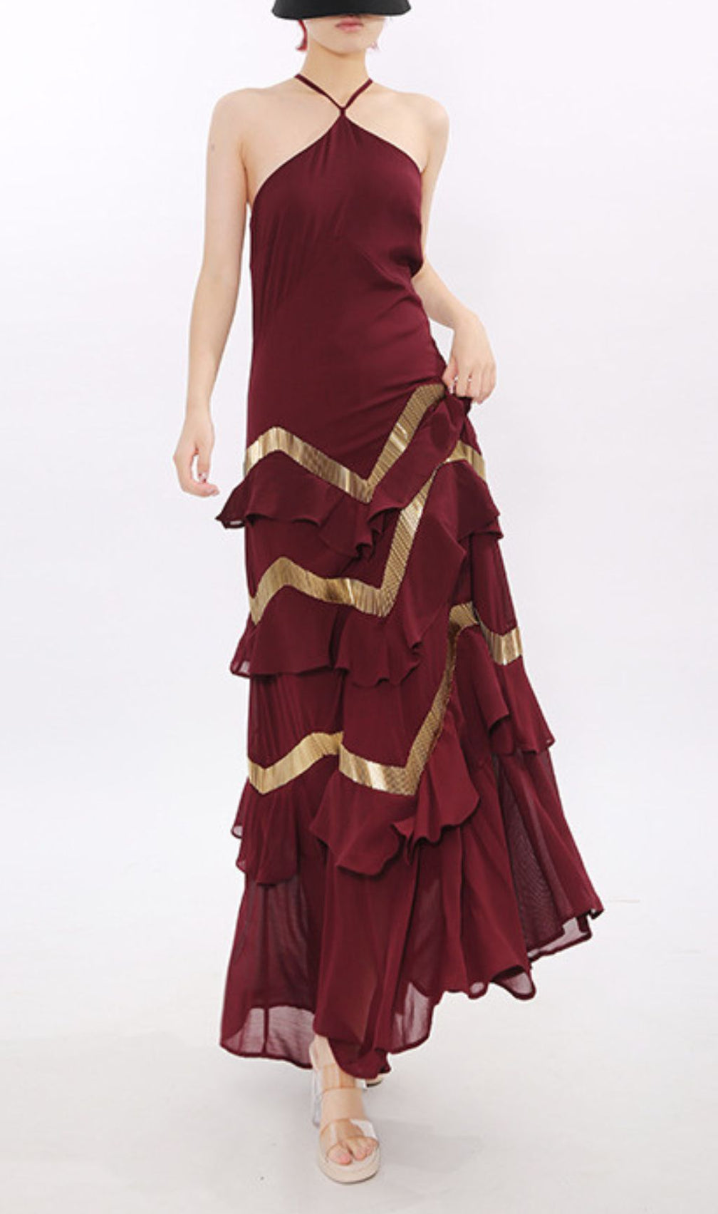 Jia Wine Red Halter Maxi Dress with Golden Chevron Ruffles