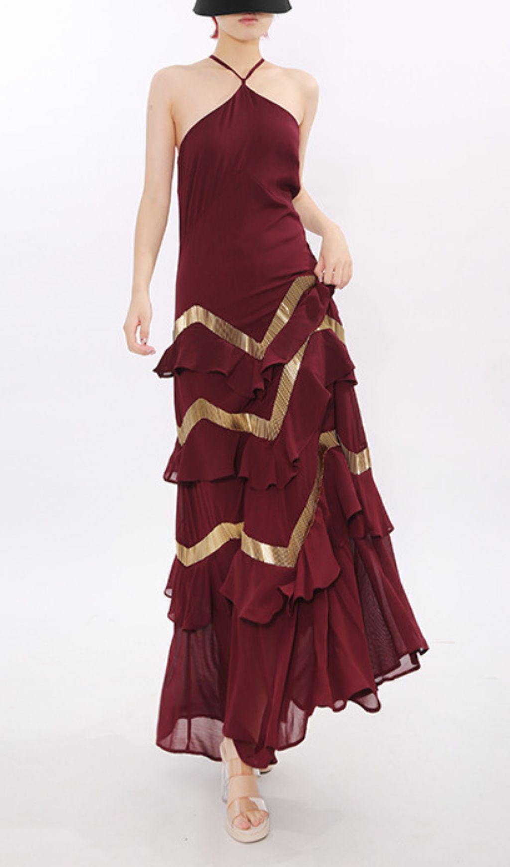 Jia Wine Red Halter Maxi Dress with Golden Chevron Ruffles