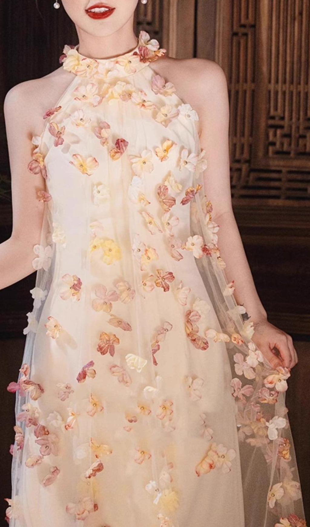 Brecken Flower Halter Mesh Maxi Dress