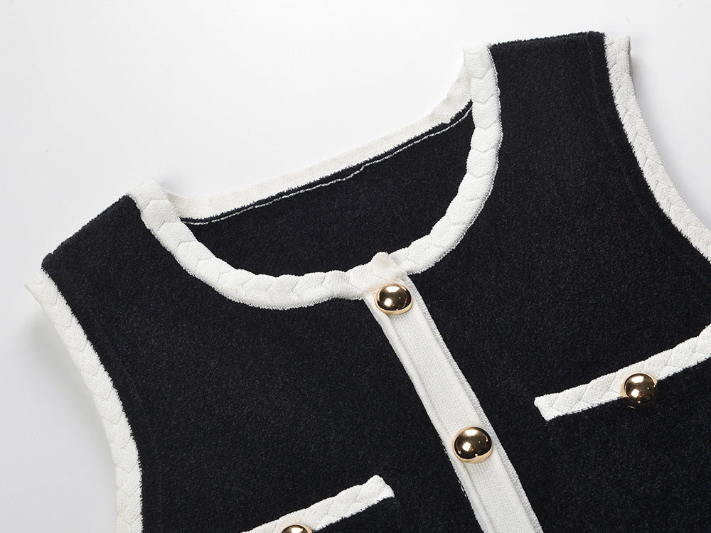 Jenne Black Sleeveless Mini Dress with Contrast Trim & Gold Button Details