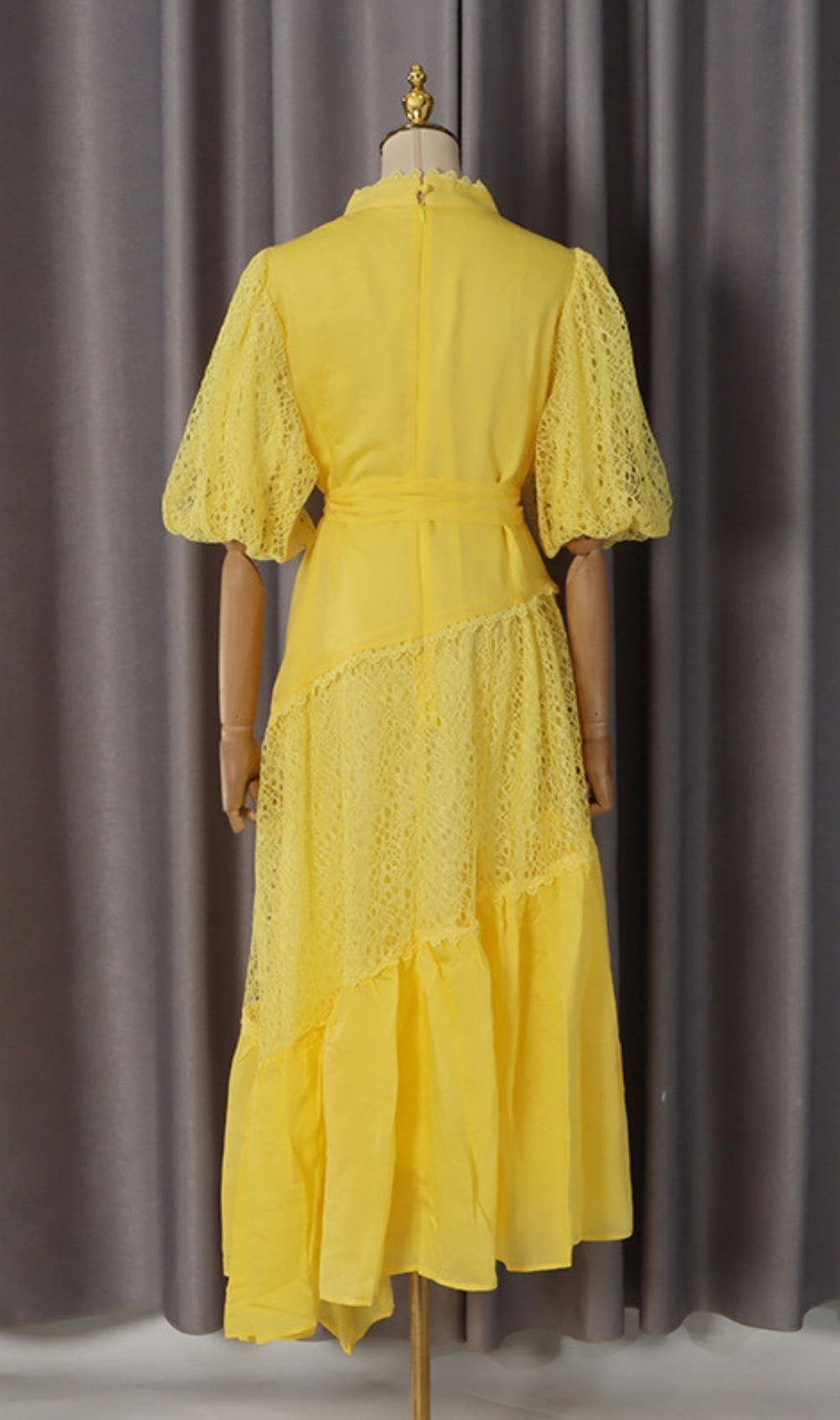 Klara Yellow Puff Sleeve Lace Midi Dress