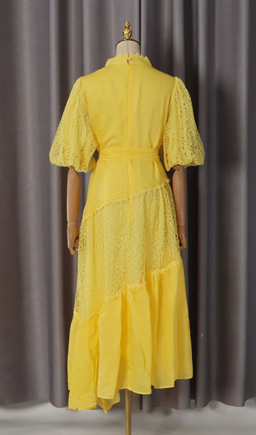 Klara Yellow Puff Sleeve Lace Midi Dress