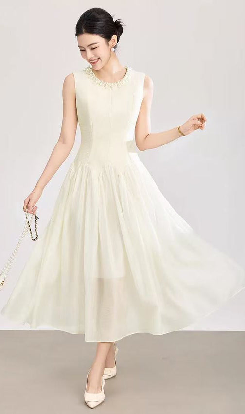 Sleeveless Midi Dress with Tulle Skirt and Pearl Embellished Collar - Ivoire
