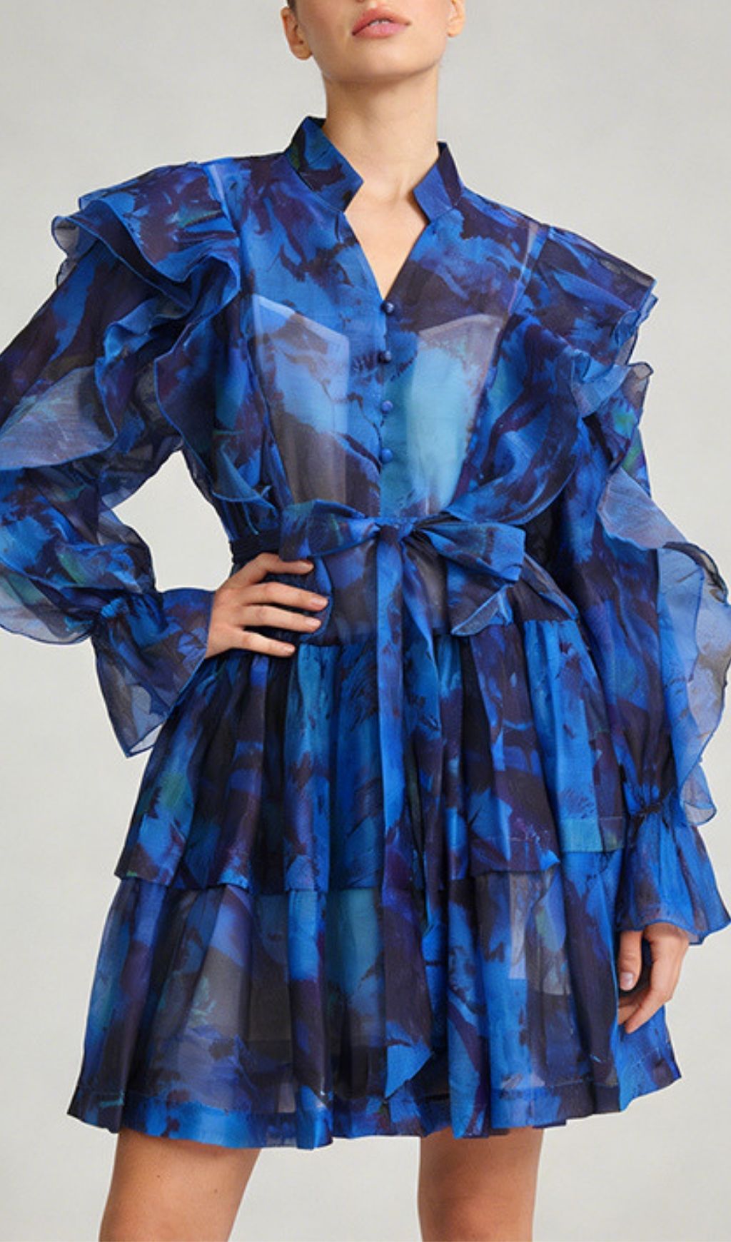 Kabibe Bold Red Floral Ruffle Mini Dress – Long Sleeve Statement Piece