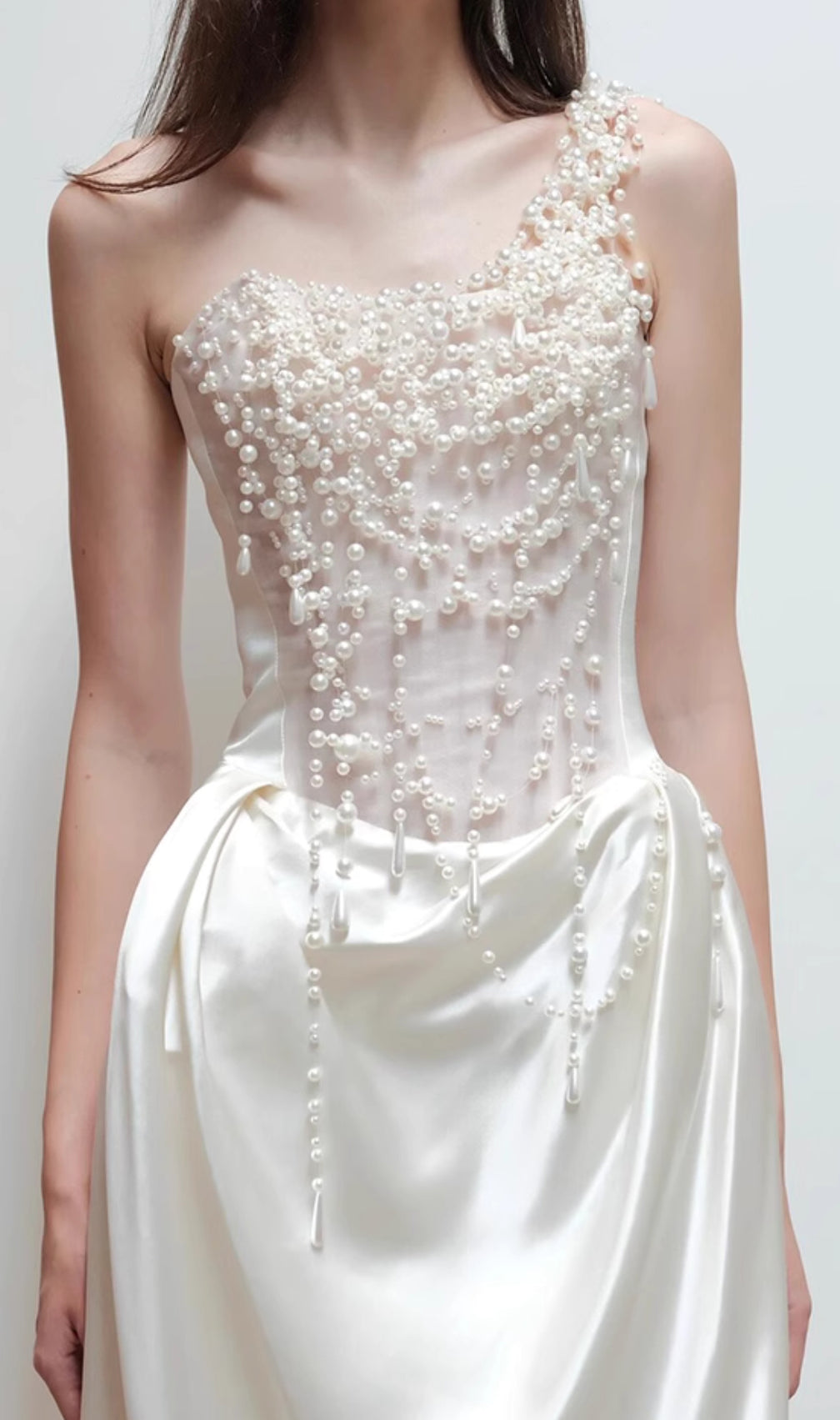 Cali White Pearl One-Shoulder Wedding Dress