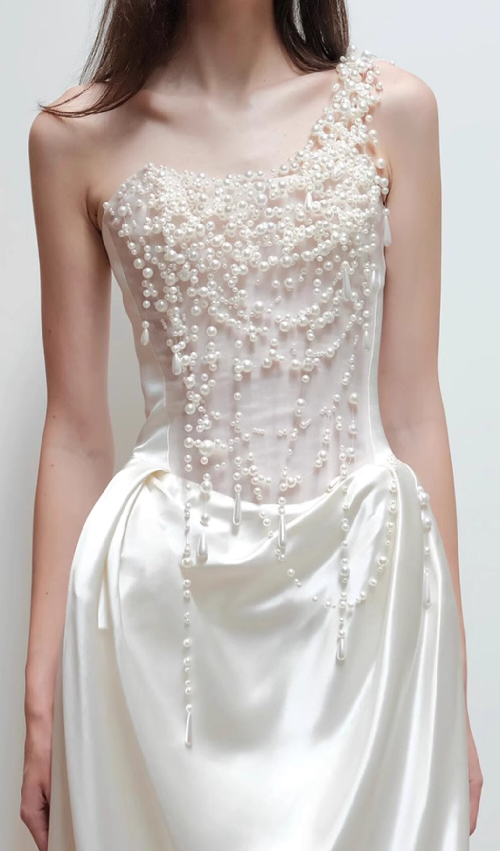 Cali White Pearl One-Shoulder Wedding Dress