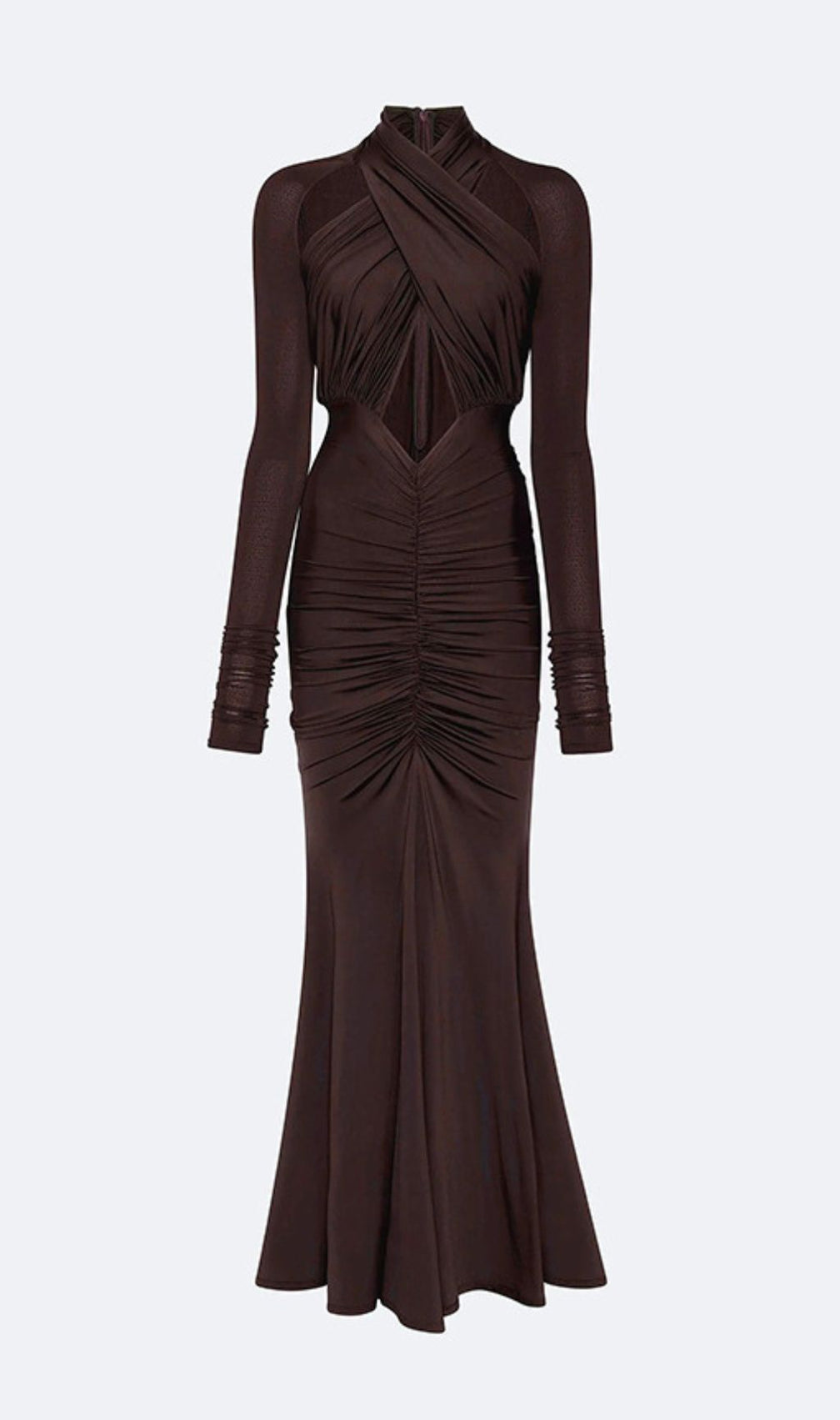 Inaya Coffee Elegance: Ruched Cut-Out Long Sleeve Maxi Dress